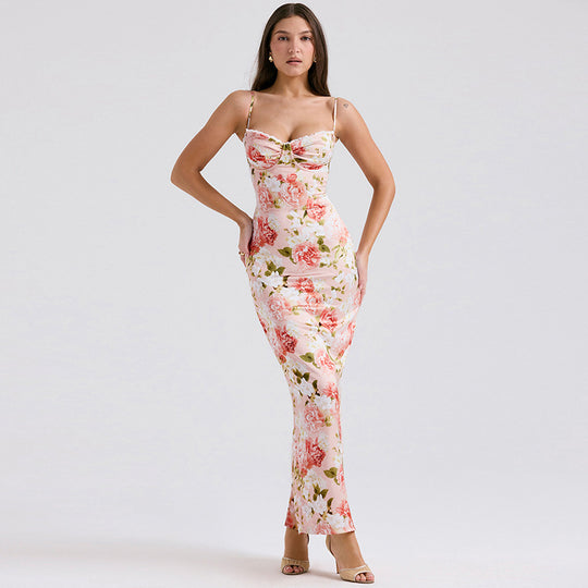 Damen Langärmeliges Satin Maxikleid mit floralen Rüschen R&B
