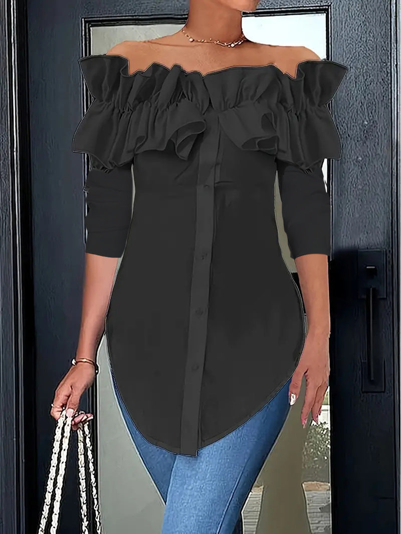 Damen Off-Shoulder Bluse mit Rüschen und Knopfleiste R&B
