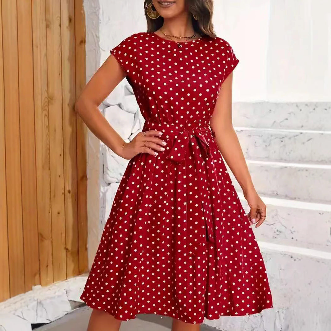 Damen Midikleid mit taillierendem Bindegürtel und verspieltem Polka-Dots Design R&B