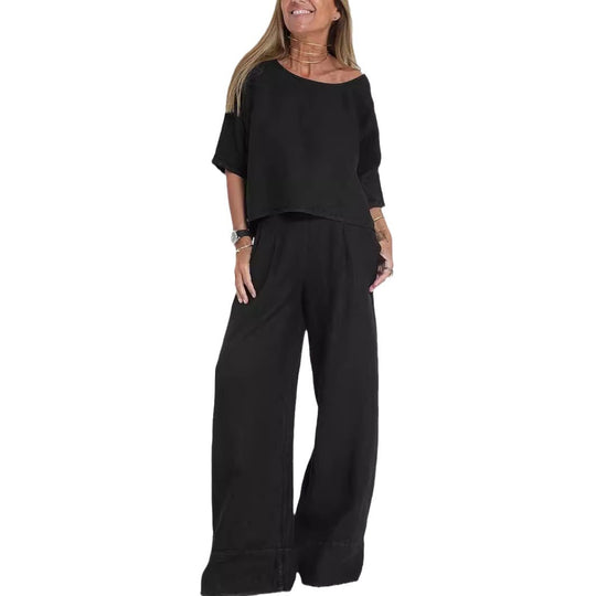 Damen lässiges Leinen-Set mit weitem Oberteil und palazzo Hosen R&B