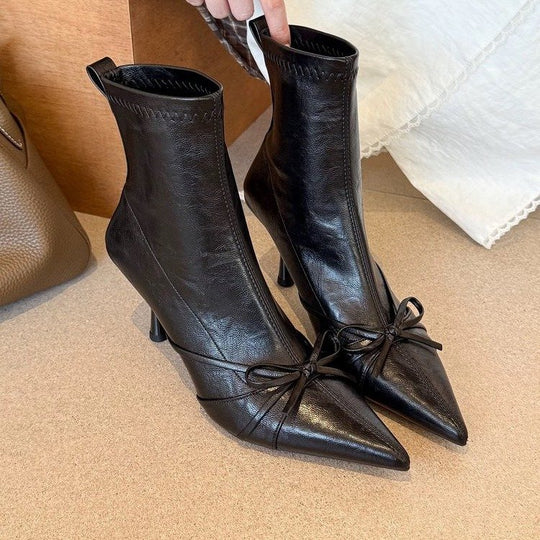 Damen elegante Plateau-Stiefeletten mit dekorativer Schnürung und spitzem Design R&B