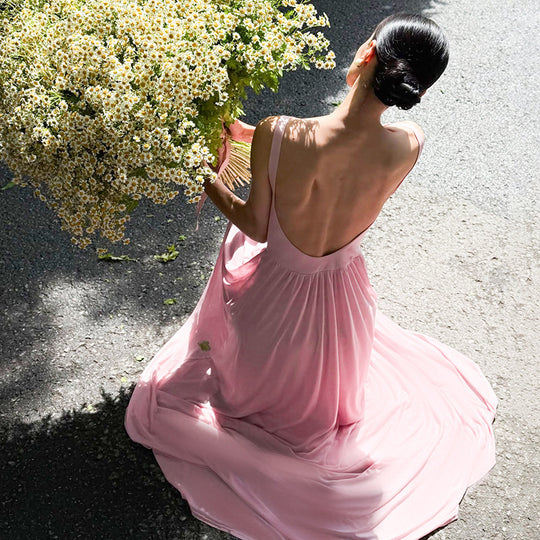 Damen elegantes und fließendes Maxikleid mit asymmetrischem Schnitt R&B