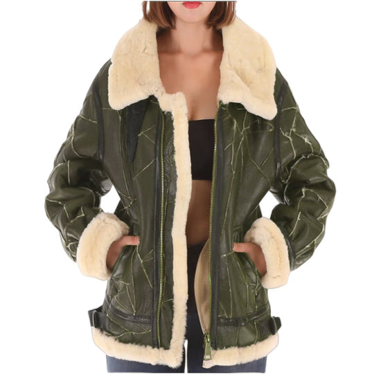 Damen lässige Kunstlederjacke mit warmem Fellkragen R&B