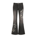 Damen Flared Jeans mit floralem Stickdesign und hohem Taillenbund R&B