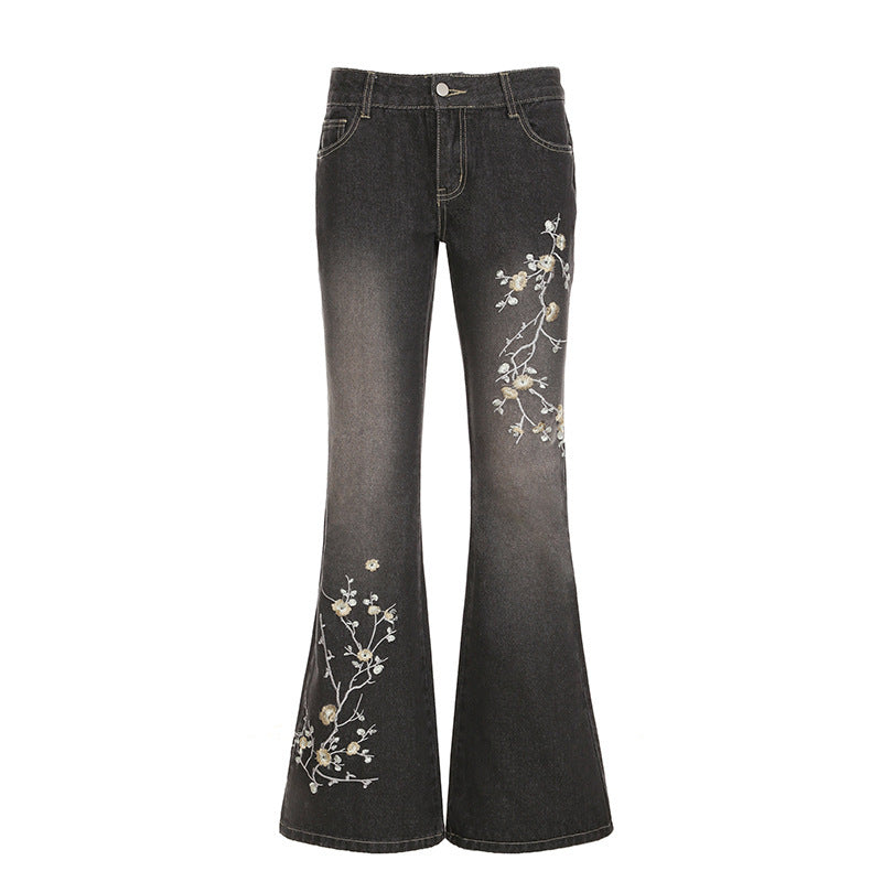 Damen Flared Jeans mit floralem Stickdesign und hohem Taillenbund R&B