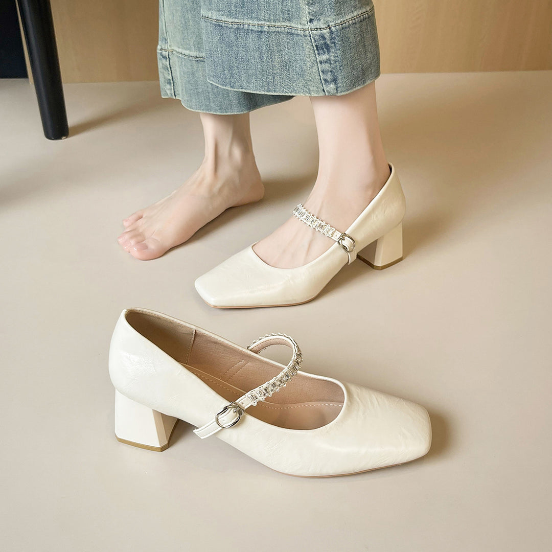Damen klassische Ballerinas mit eleganter Schnallenverzierung und bequemem Blockabsatz R&B