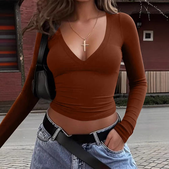 Damen cropped Langarmshirt mit V-Ausschnitt und elastischem Material R&B