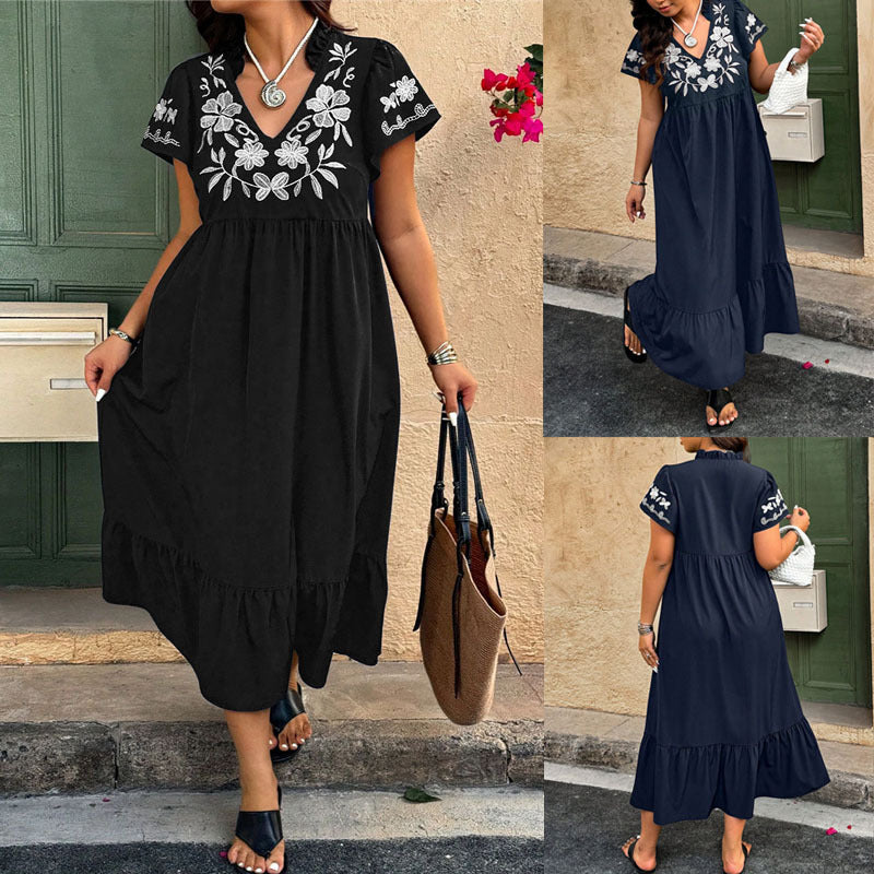 Damen Maxikleid mit floralem Stickdesign und voluminösem Rock R&B