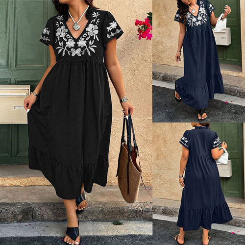 Damen Maxikleid mit floralem Stickdesign und voluminösem Rock R&B