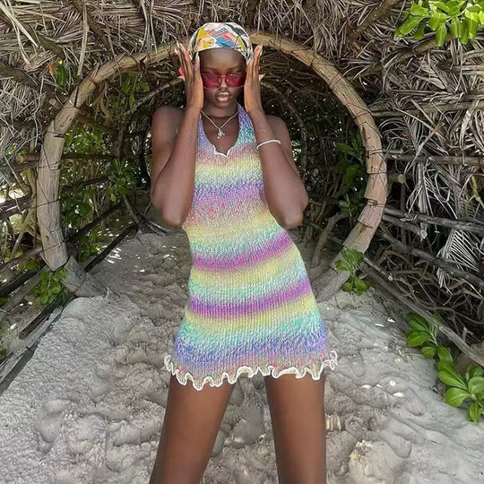 Damen Häkel-Strandkleid mit raffinierten Wellenmustern und verspieltem Saum R&B
