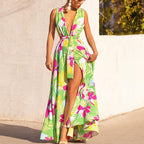 Damen Maxikleid mit tiefem V-Ausschnitt und elegantem Schlitz R&B