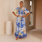 Damen Maxikleid mit floralem Knopfleisten-Design und tailliertem Gürtel R&B