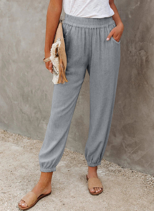 Damen lässige Leinen-Hose mit elastischem Bund und Gummizug R&B
