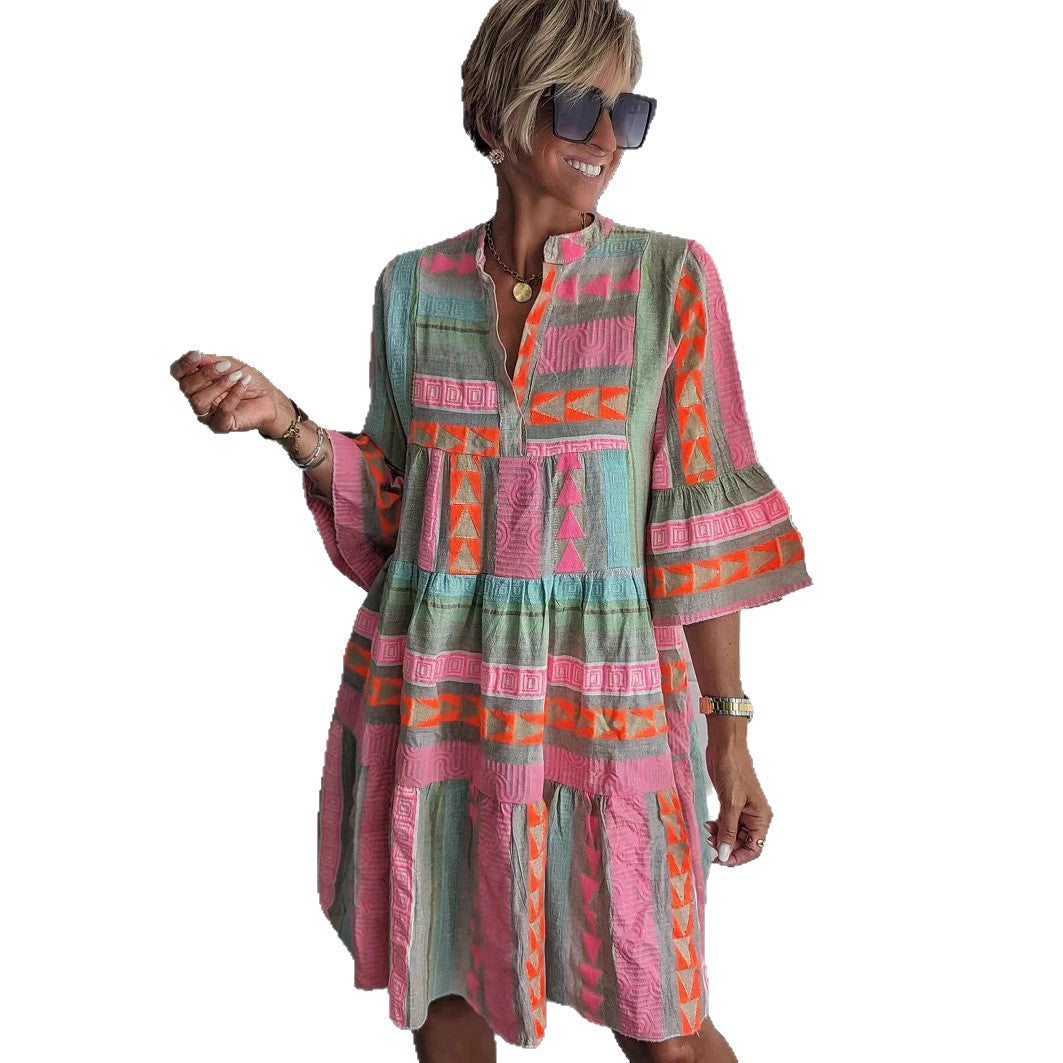 Damen luftiges Boho-Kleid mit eingewR&Bten Mustern und kurzen Ärmeln R&B