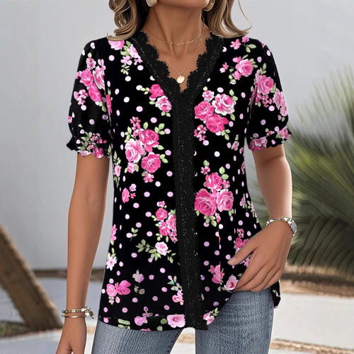 Damen nan V-Ausschnitt-Bluse mit Spitzenborte, Puffärmeln und floralem Punktmuster R&B