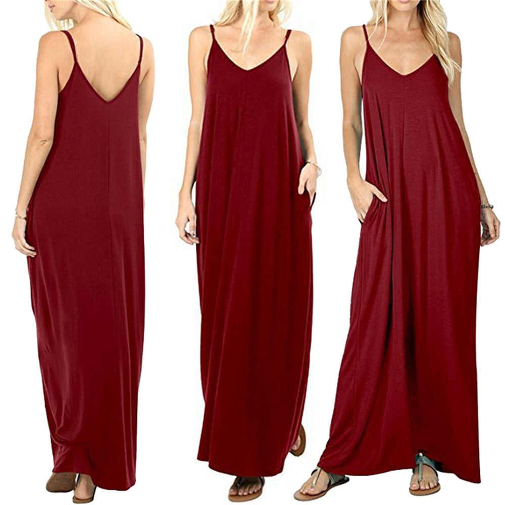 Damen Maxikleid mit spaghettiträgern und praktischen seitlichen Taschen R&B
