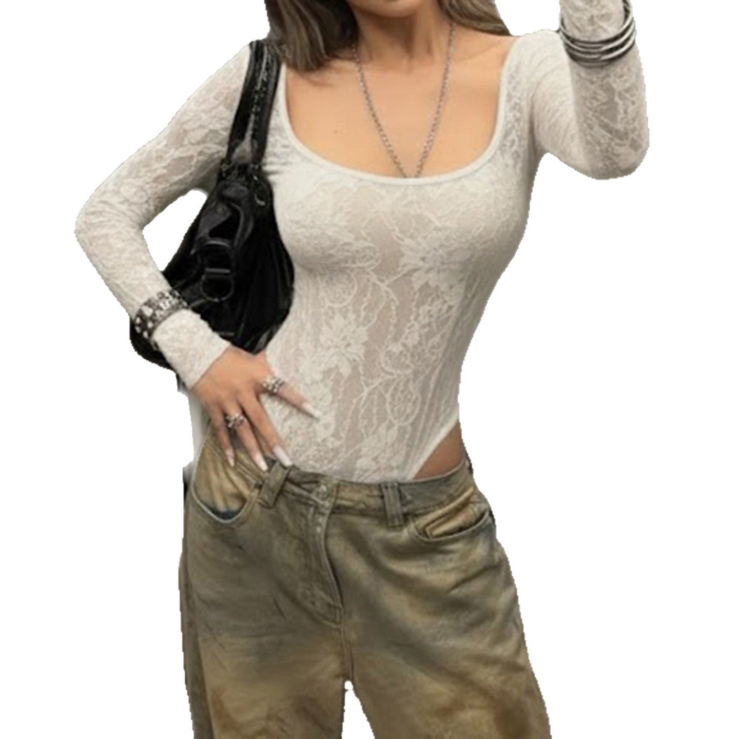 Damen Elegantes Spitzenshirt mit langen Ärmeln und romantischen Details R&B
