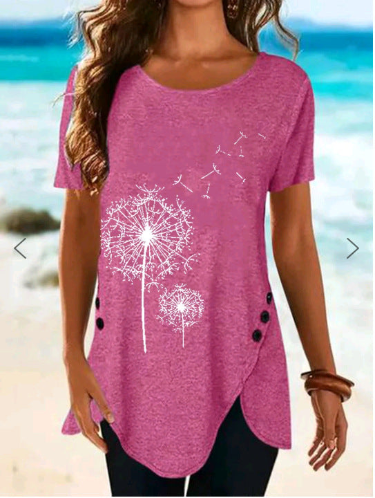 Damen Kurzarmshirt mit asymmetrischem Saum und Dandelion-Print R&B