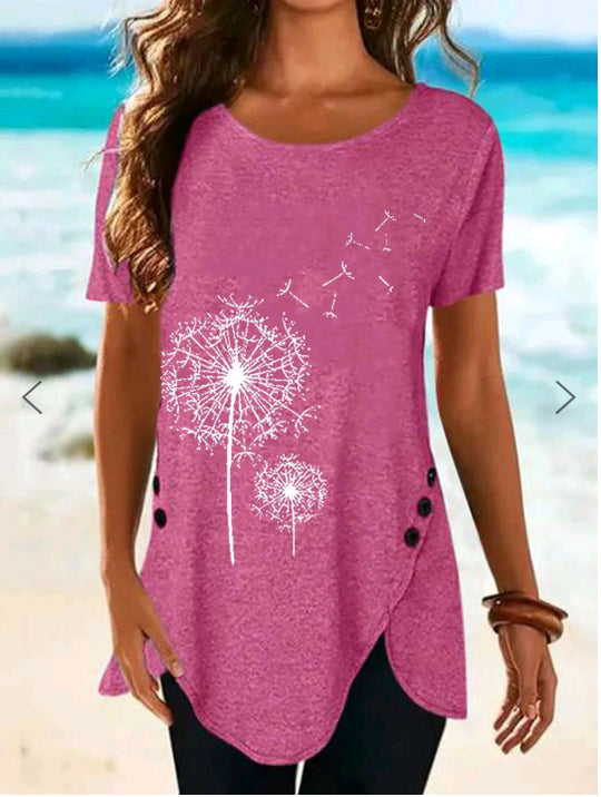 Damen Kurzarmshirt mit asymmetrischem Saum und Dandelion-Print R&B