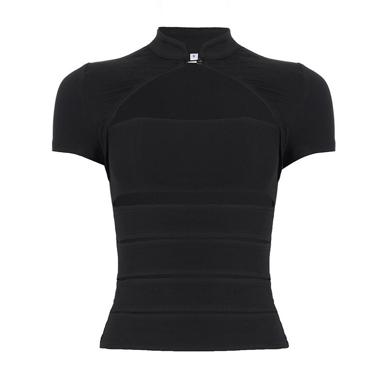 Damen Cropped Blusenshirt aus strapazierfähigem Stretchmaterial mit elegantem Stehkragen R&B