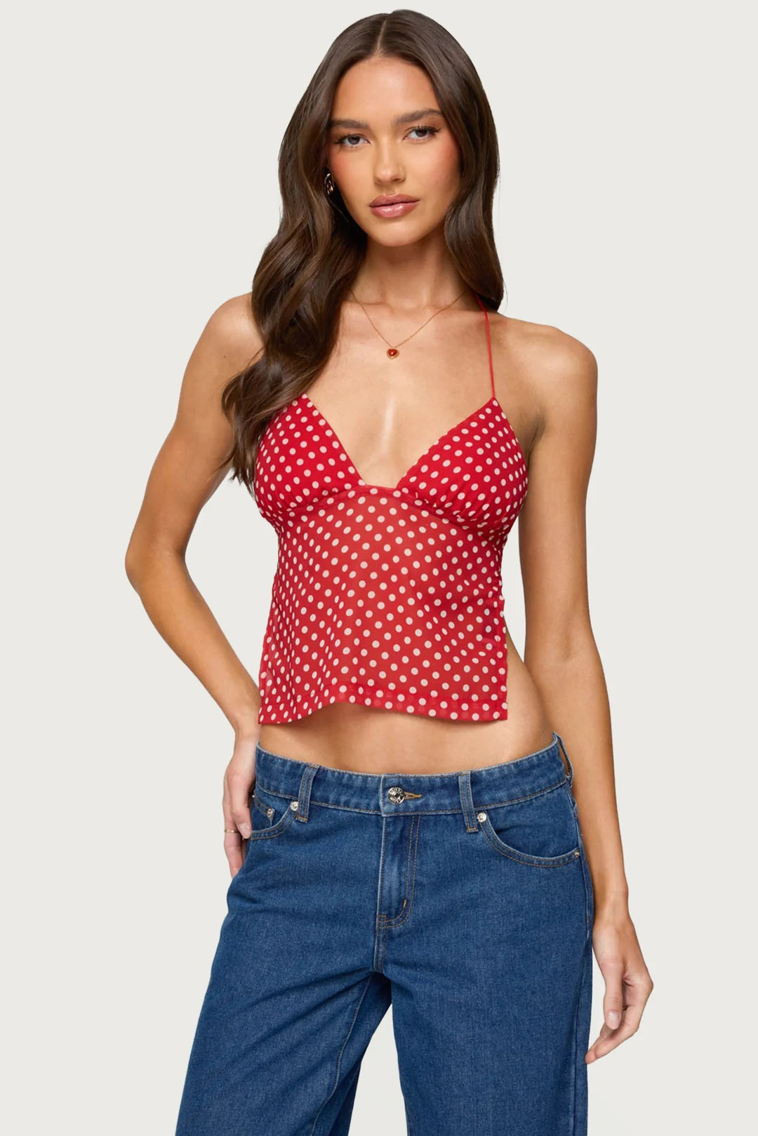 Damen Polka Dot Top mit zarten Trägern und figurbetontem Schnitt R&B
