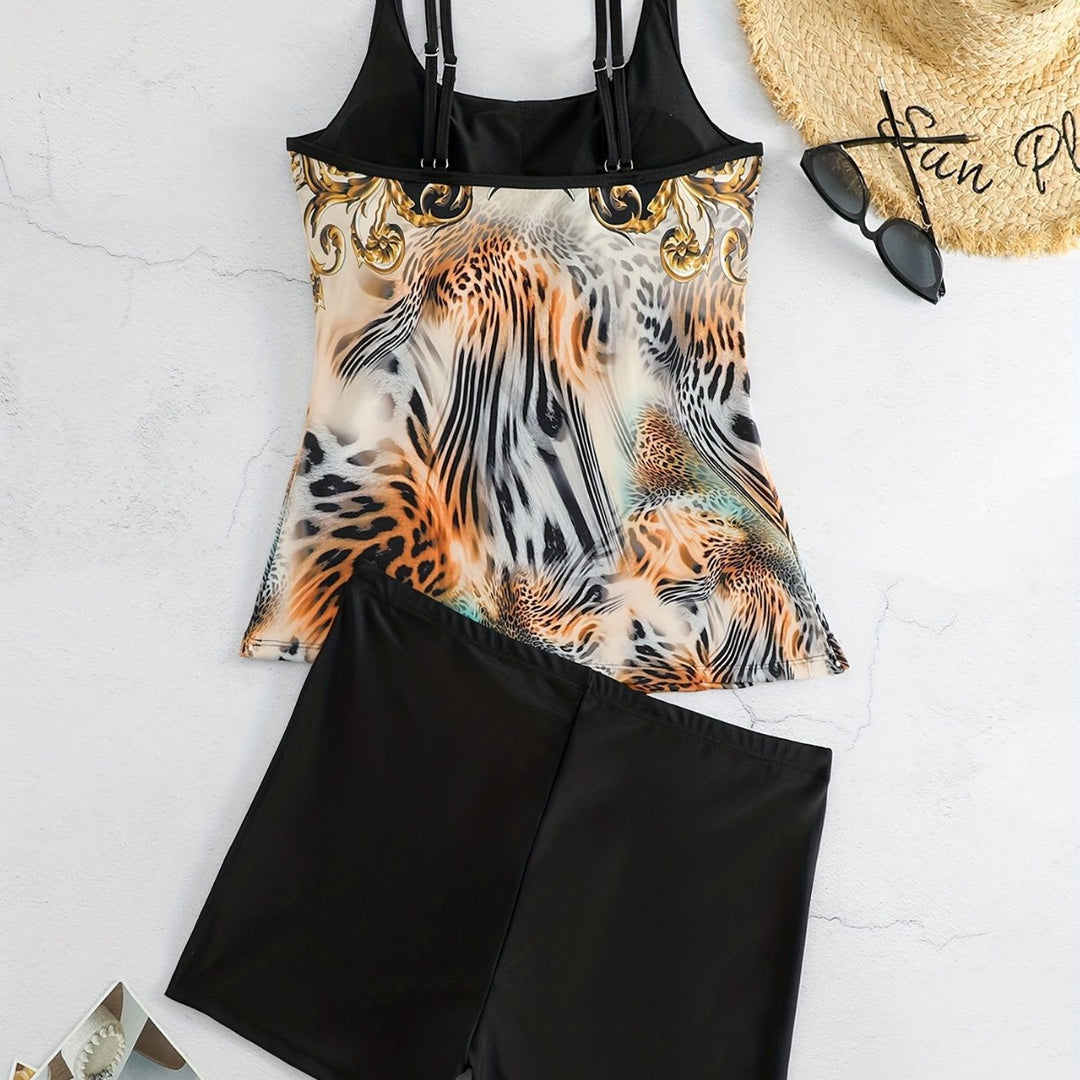 Damen Sportliches Tankini-Set mit modischem Animal-Print und Boxershorts R&B