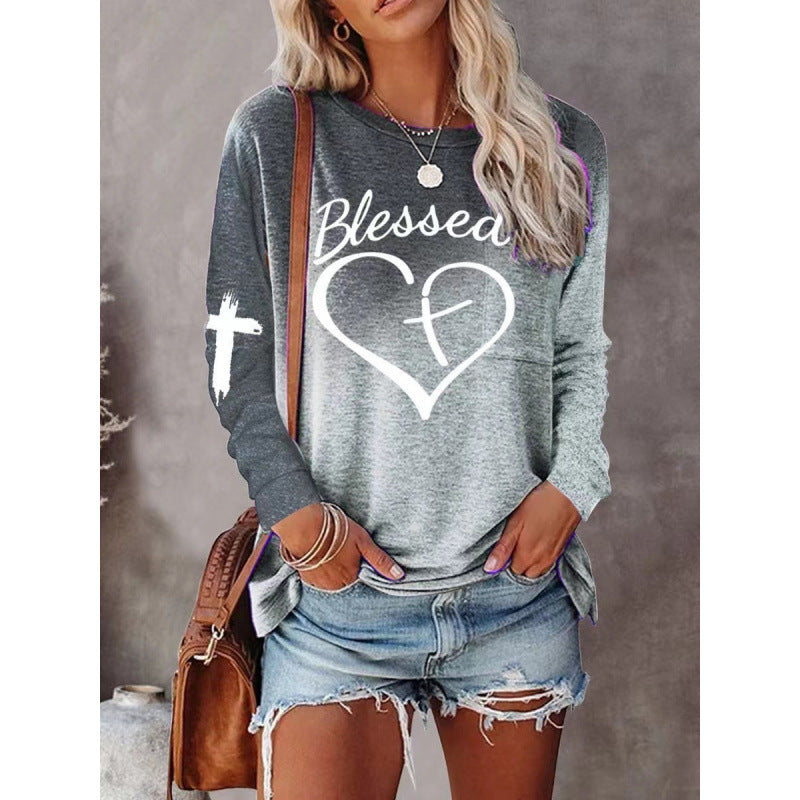 R&B | Langarmshirt Lockere Passform Baumwollmischung Grafische Vorderseite Freizeitstil