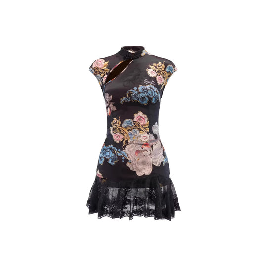 Damen Kurzärmliges Blumenkleid mit Spitzenunterrand R&B