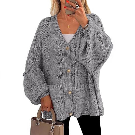 Damen Oversized Strickjacke mit Knöpfen und großen Taschen R&B
