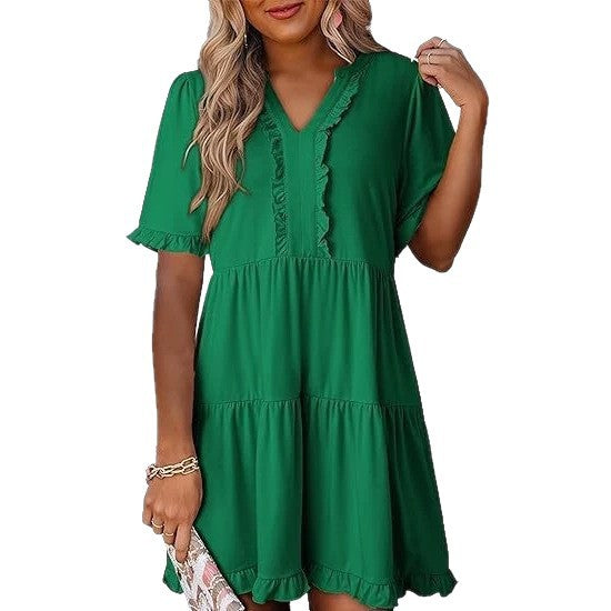 Damen nan leichtes Swingkleid mit V-Ausschnitt, gestufter Rockpartie und zarten Volants R&B