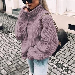 Damen Grobstrick Pullover mit Stehkragen und voluminösen Ärmeln R&B