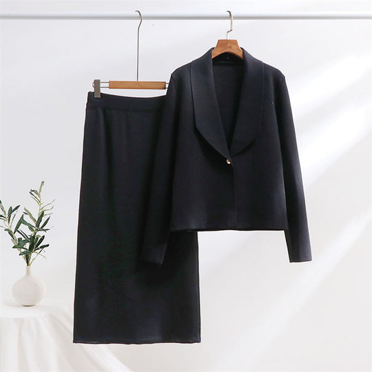 Damen elegantes Strickensemble mit Blazer und Midi-Rock R&B