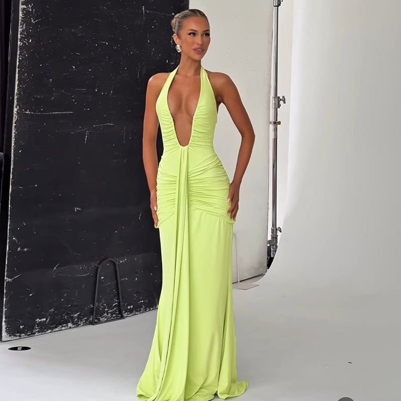 Damen Elegantes Maxikleid mit raffinierten Drapierungen und tiefem V-Ausschnitt R&B