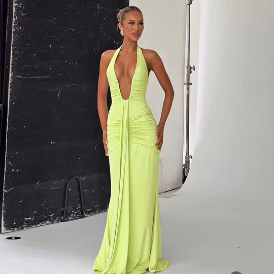 Damen Elegantes Maxikleid mit raffinierten Drapierungen und tiefem V-Ausschnitt R&B