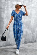 Damen elegante Jumpsuit im Snake-Print-Stil mit Taillengürtel und V-Ausschnitt R&B