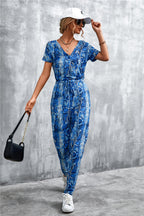 Damen elegante Jumpsuit im Snake-Print-Stil mit Taillengürtel und V-Ausschnitt R&B