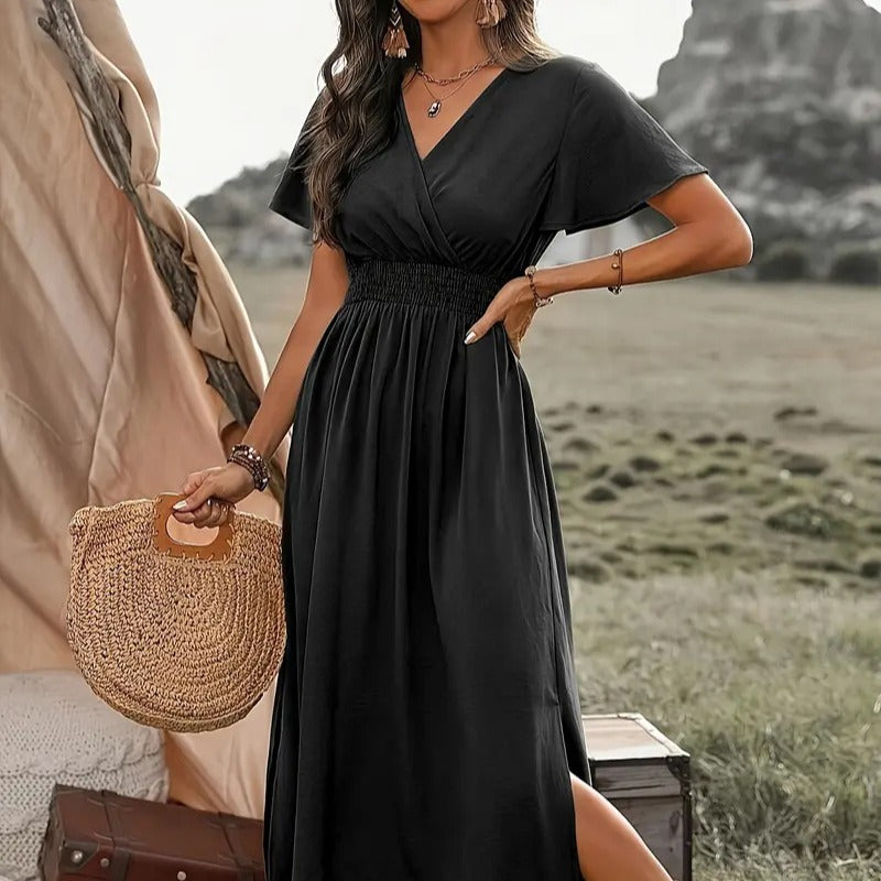 Damen Maxikleid mit fließendem Schnitt und Wickeldetails R&B