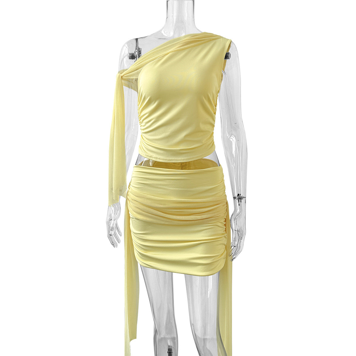 Damen Set aus schulterfreier Bluse und Mini-Rock mit Raffung
