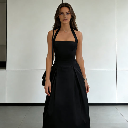 Damen Elegantes Midikleid mit tiefem V-Ausschnitt und stilvollem Faltenrock R&B