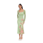 Damen elegantes Midikleid mit floralem Design und transparenten Longsleeves R&B
