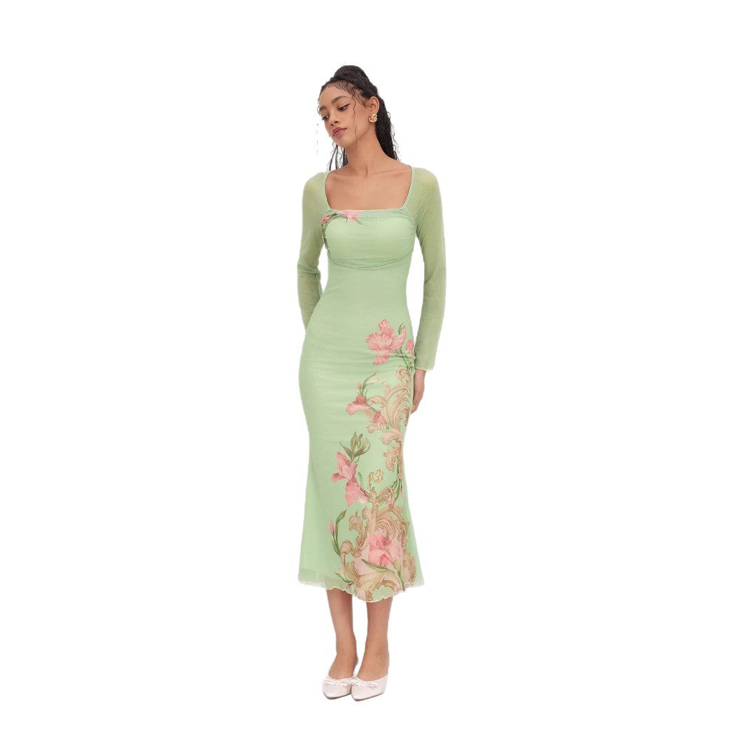 Damen elegantes Midikleid mit floralem Design und transparenten Longsleeves R&B