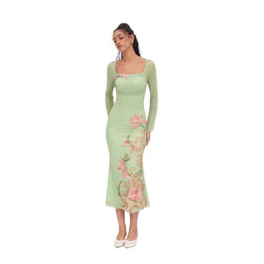 Damen elegantes Midikleid mit floralem Design und transparenten Longsleeves R&B