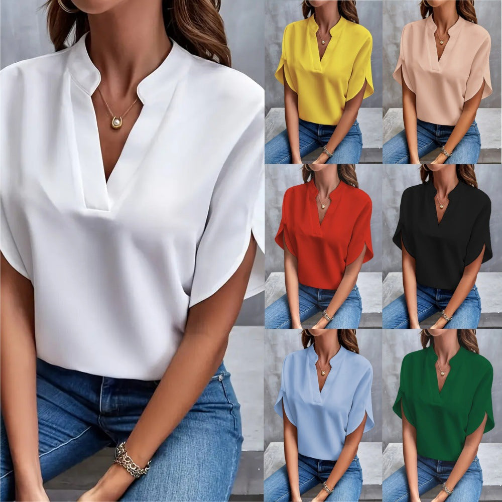 Damen Modische Bluse mit Stehkragen und fließenden Ärmeln