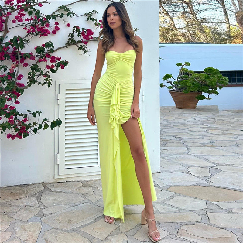 Damen Elegantes Maxikleid mit raffinierten Rüschendetails und Spaghettiträgern R&B