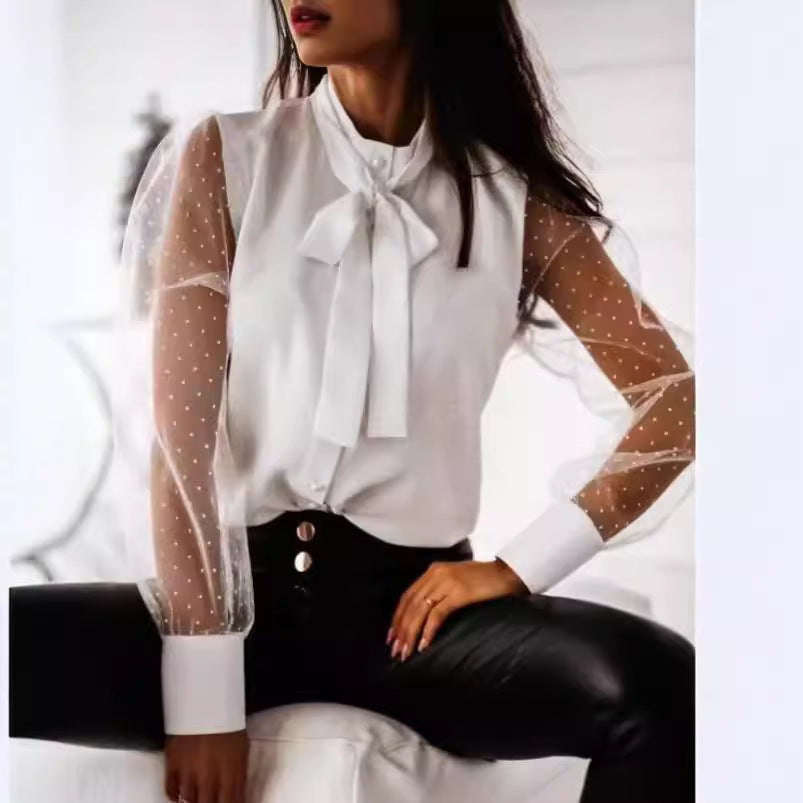 Damen Bluse mit transparenten Puffärmeln und filigranem Schleifen-Detail R&B