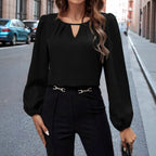 Damen elegante Bluse mit modischem Schlüsselausschnitt und raffinierten Puffärmeln R&B
