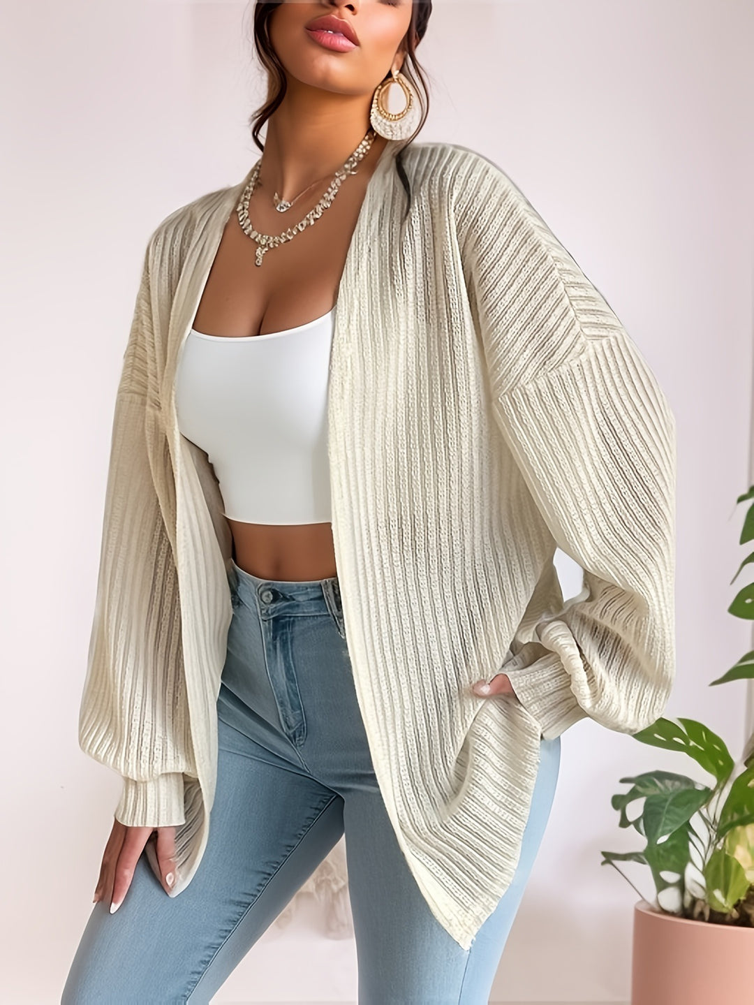 Damen Lässige Strickjacke mit weit geschnittenen Ärmeln und Rippenstruktur R&B