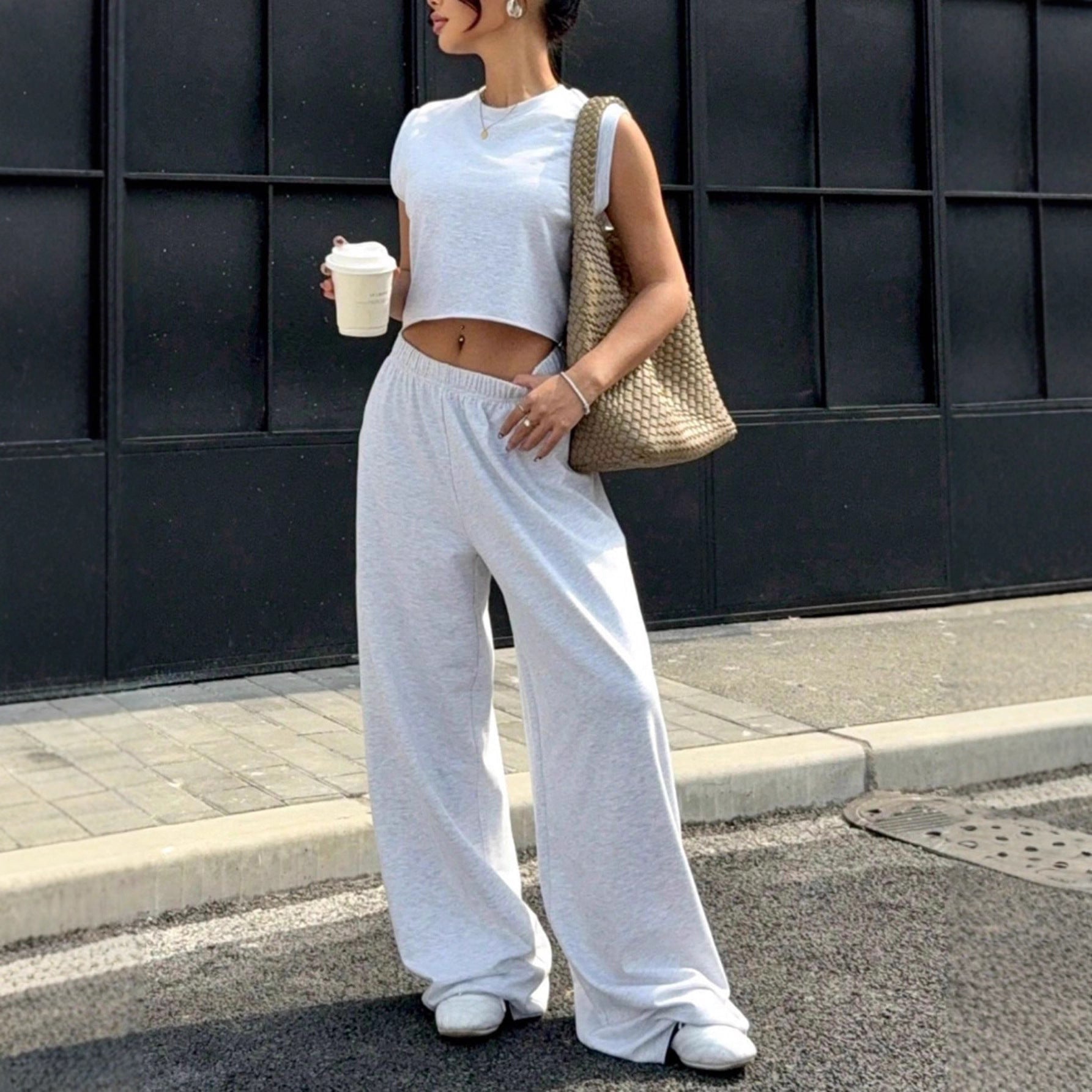 Damen lässiges Crop-Top und weite Freizeithosen Set R&B