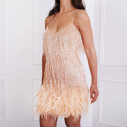 Damen Glitzerndes Abendkleid mit Federn und schimmernden Akzenten R&B