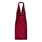 Damen elegantes Maxikleid mit tiefem V-Ausschnitt und fließendem Satin-Finish R&B